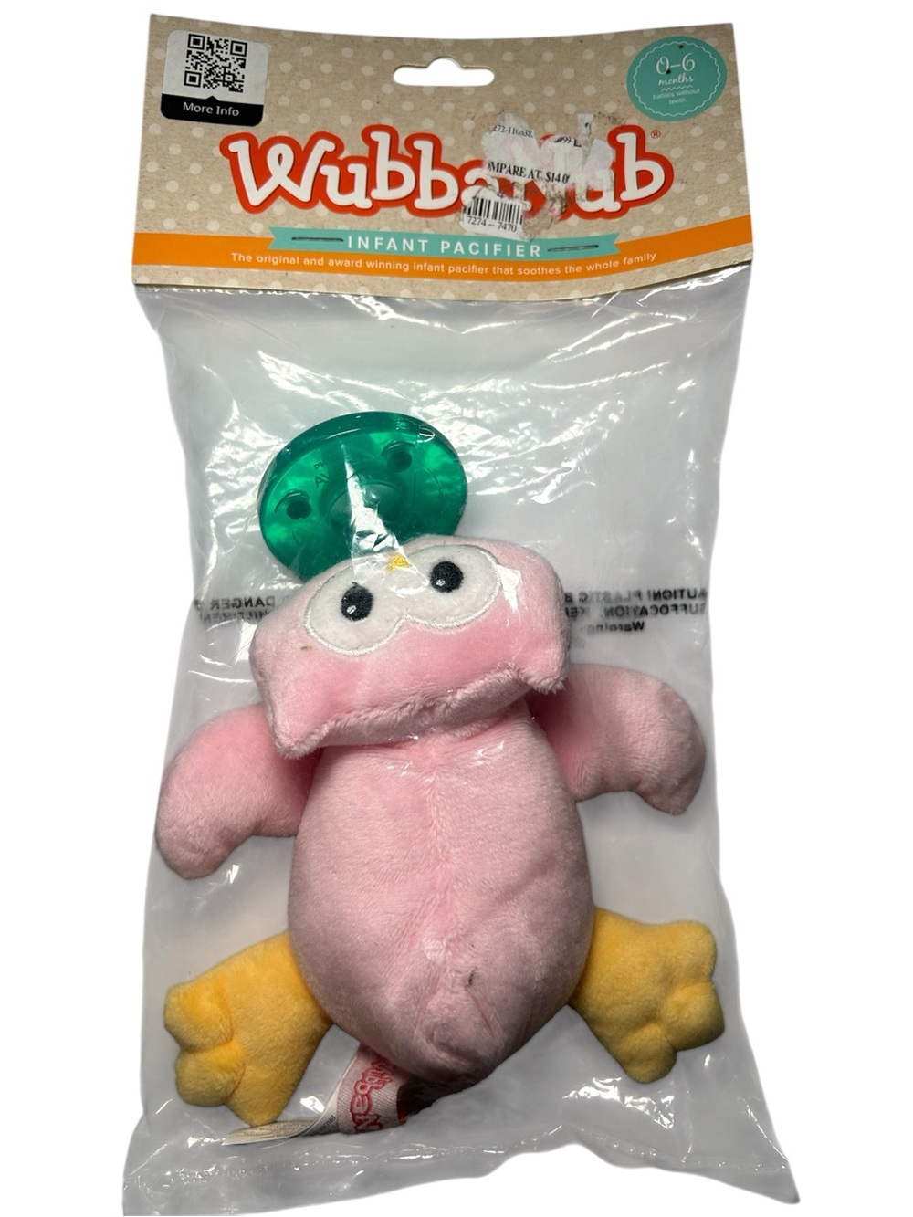 Wubbanub Pink Plush Infant Pacifier Toy New in sealed packaging